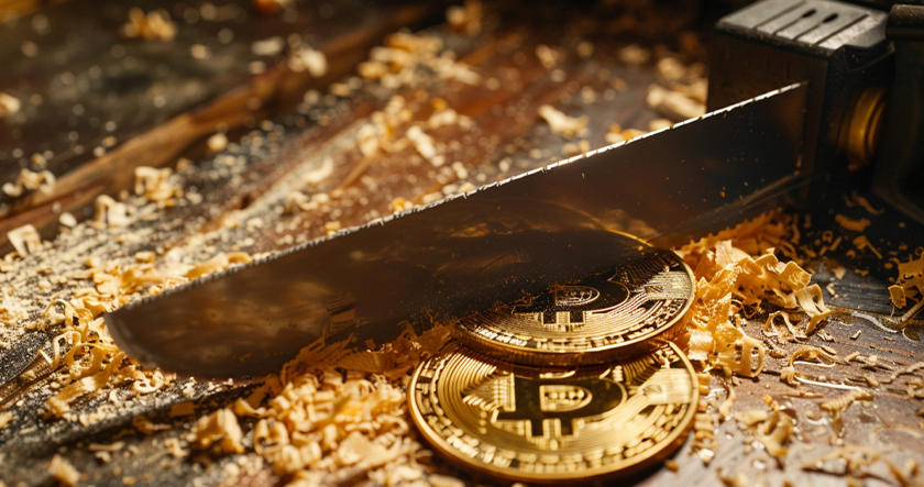 Bitcoin token cut in half with saw