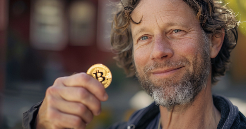 Man holding bitcoin token with a smile