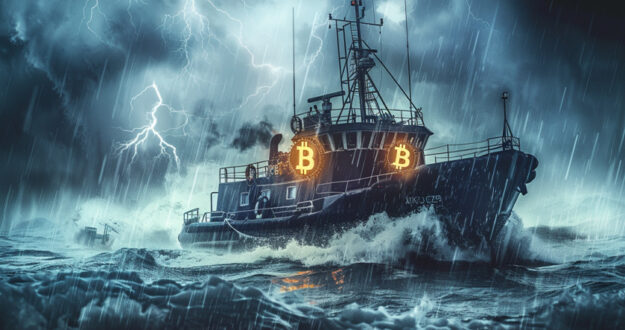 A bitcoin ship at sea during a storm