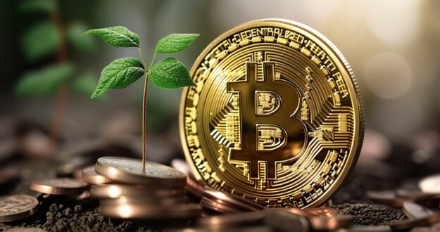Bitcoin token with optimistic plant growing next to it