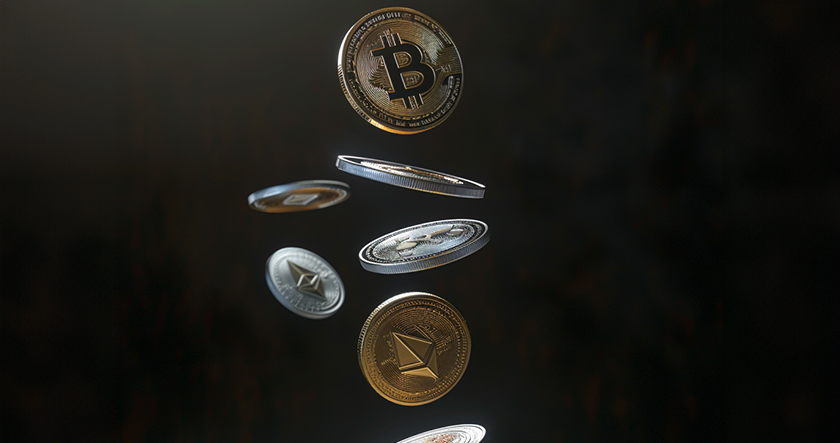 Crypto token coins falling from above
