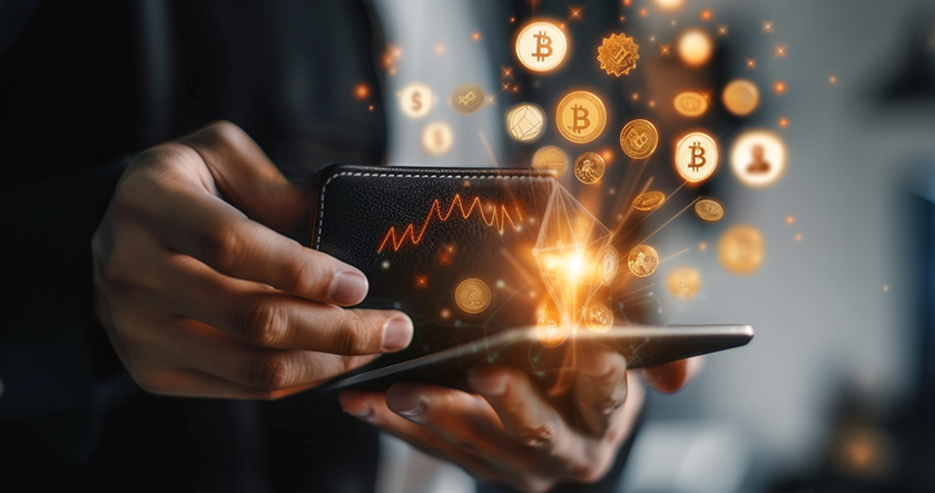 Cryptocurrency coming out of a wallet